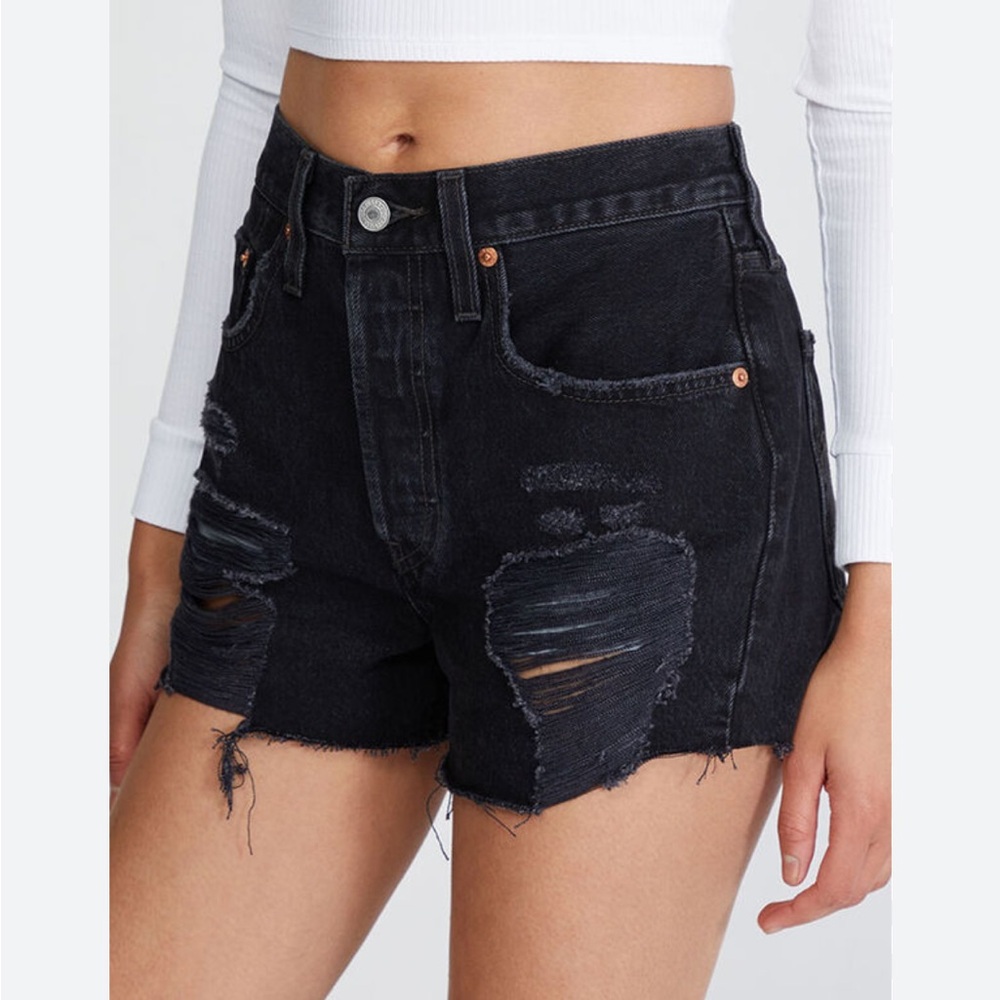 LEVI’S 501 Black Distressed Rip Raw Hem Denim Shorts Size 25